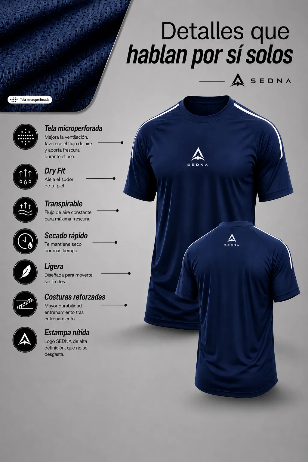 Ficha de Remera SEDNA color azul: tela microperforada, Dry Fit, transpirable, secado rápido, ligera, costuras reforzadas y estampa nítida