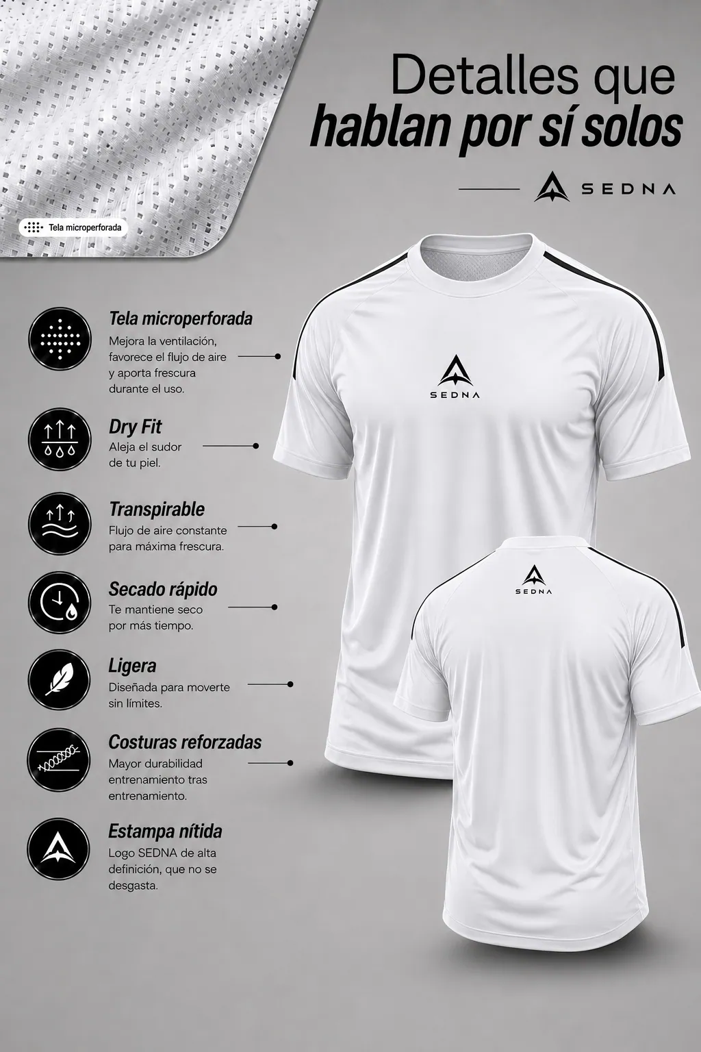 Ficha de Remera SEDNA color blanco: tela microperforada, Dry Fit, transpirable, secado rápido, ligera, costuras reforzadas y estampa nítida