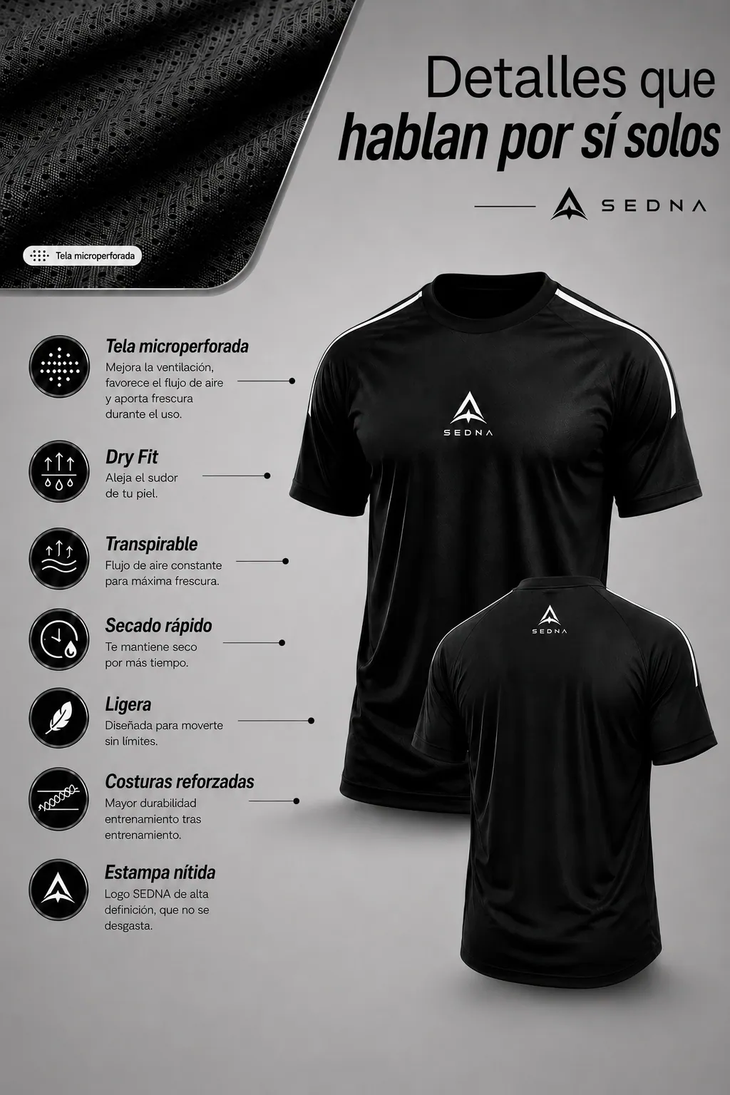 Ficha de Remera SEDNA color negro: tela microperforada, Dry Fit, transpirable, secado rápido, ligera, costuras reforzadas y estampa nítida