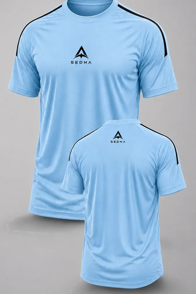 Remera SEDNA color celeste, frente y espalda