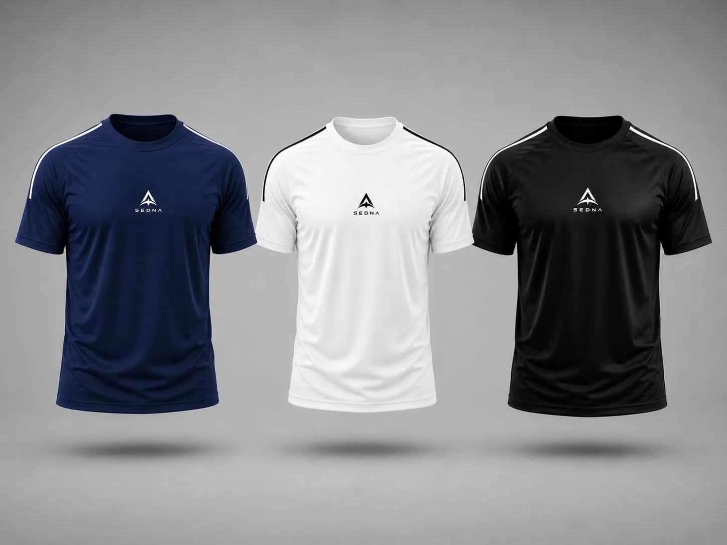 Remeras SEDNA azul, blanca y negra